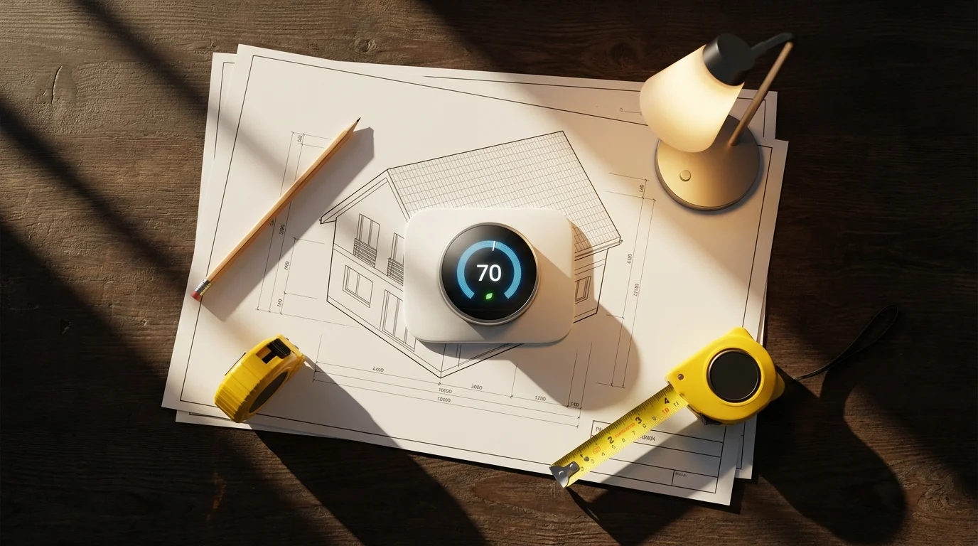 A flat lay of a smart thermostat on a blueprint with troubleshooting tools.