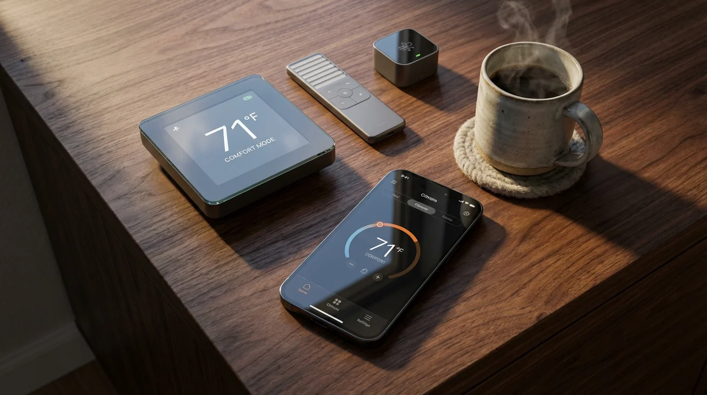 A flat lay of a smart thermostat, phone, and smart blind remote on a wooden table.