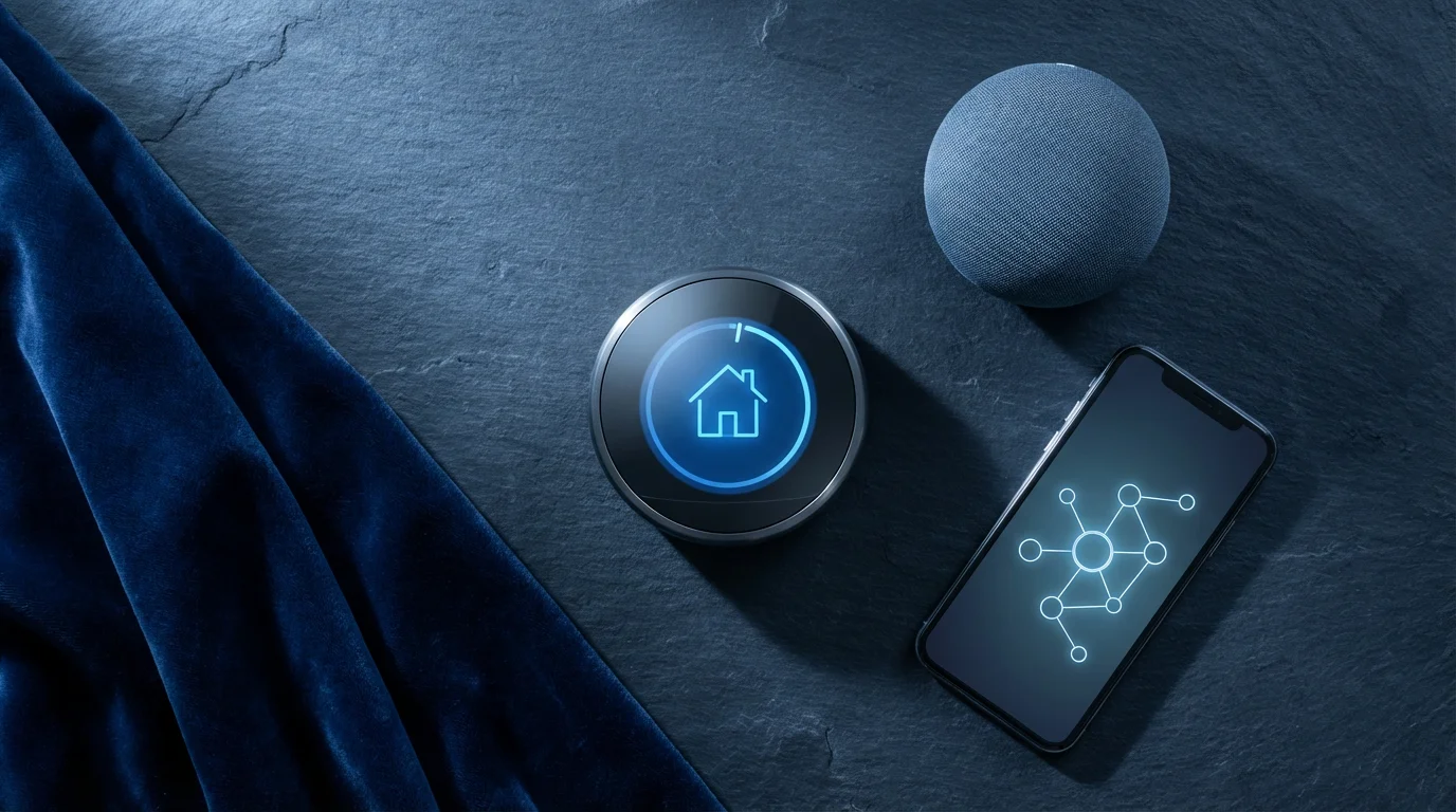 A flat lay of a smart thermostat, smart speaker, and smartphone on a slate surface.