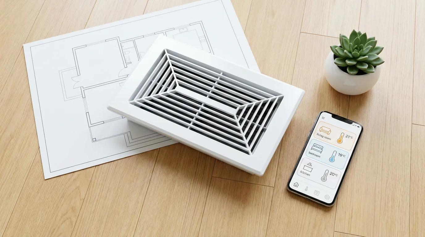 A flat lay of a smart vent, a smartphone with a climate app, and blueprints.