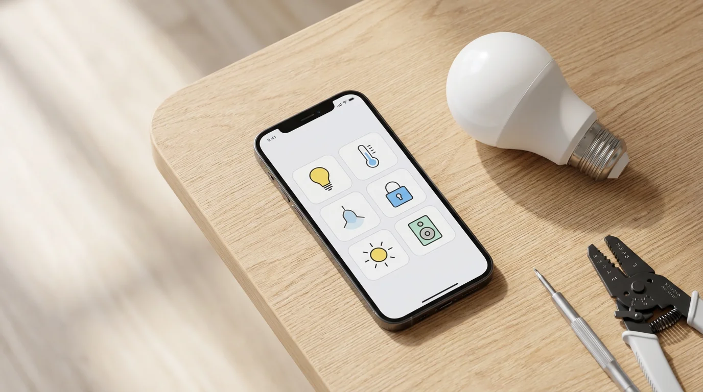 A flat lay of a smartphone, a smart light bulb, and installation tools.