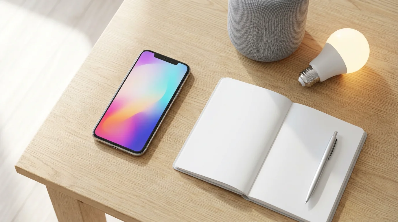 A flat lay of a smartphone, notebook, and glowing smart bulb representing custom smart home commands.