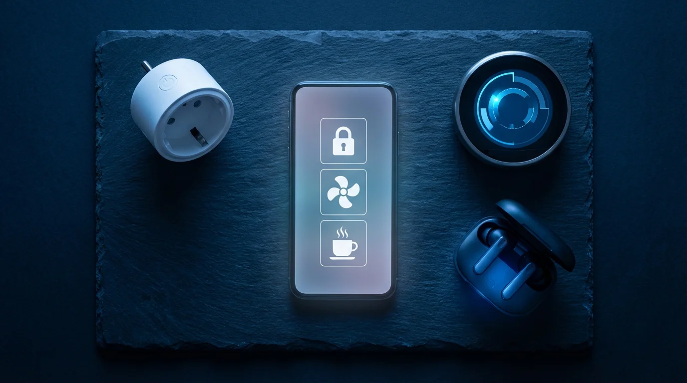 A flat lay of a smartphone surrounded by smart home gadgets during blue hour.