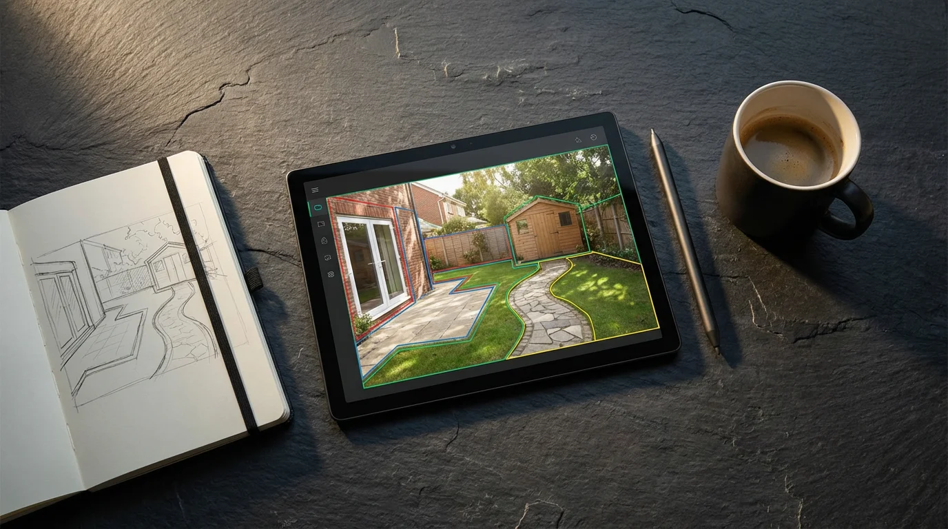 A flat lay of a tablet showing advanced security camera motion zones on a desk.