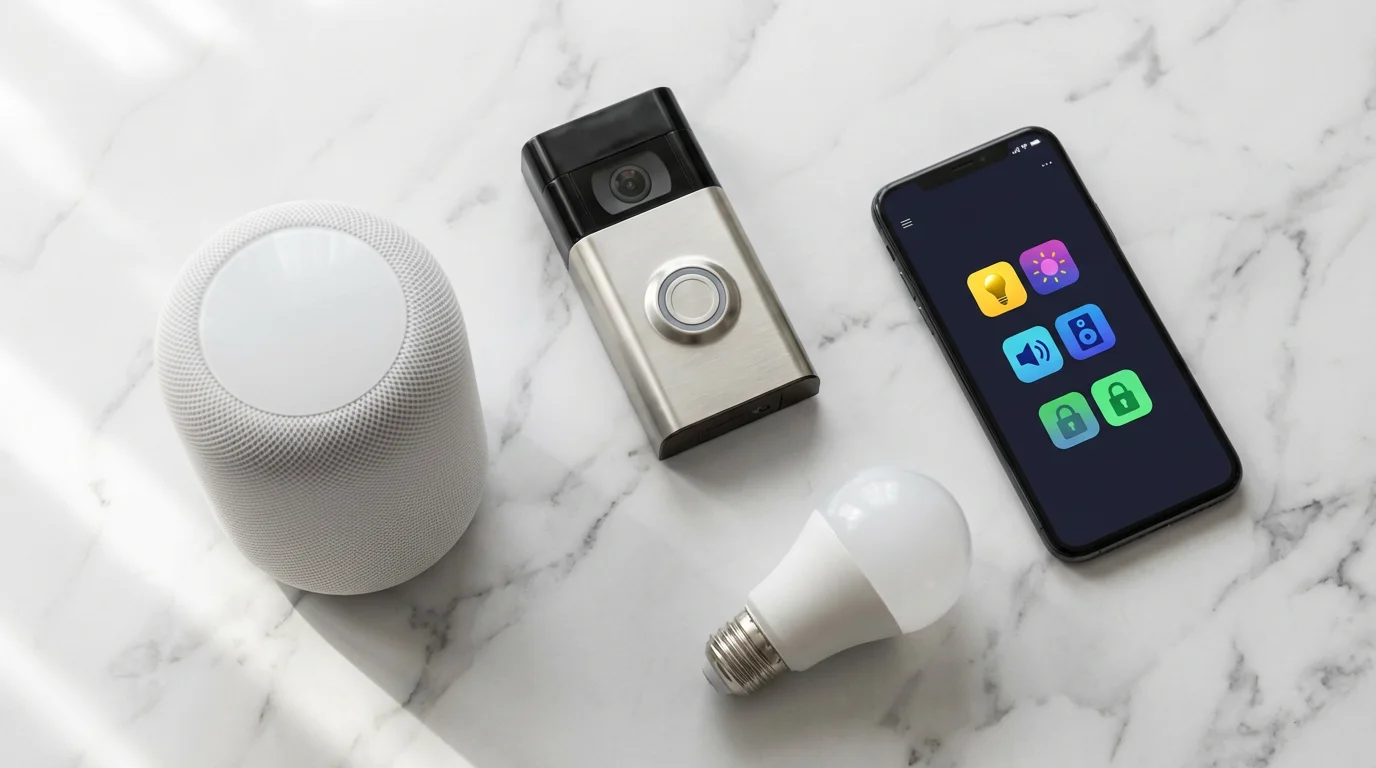 A flat lay of a video doorbell, smartphone, smart speaker, and smart light bulb.