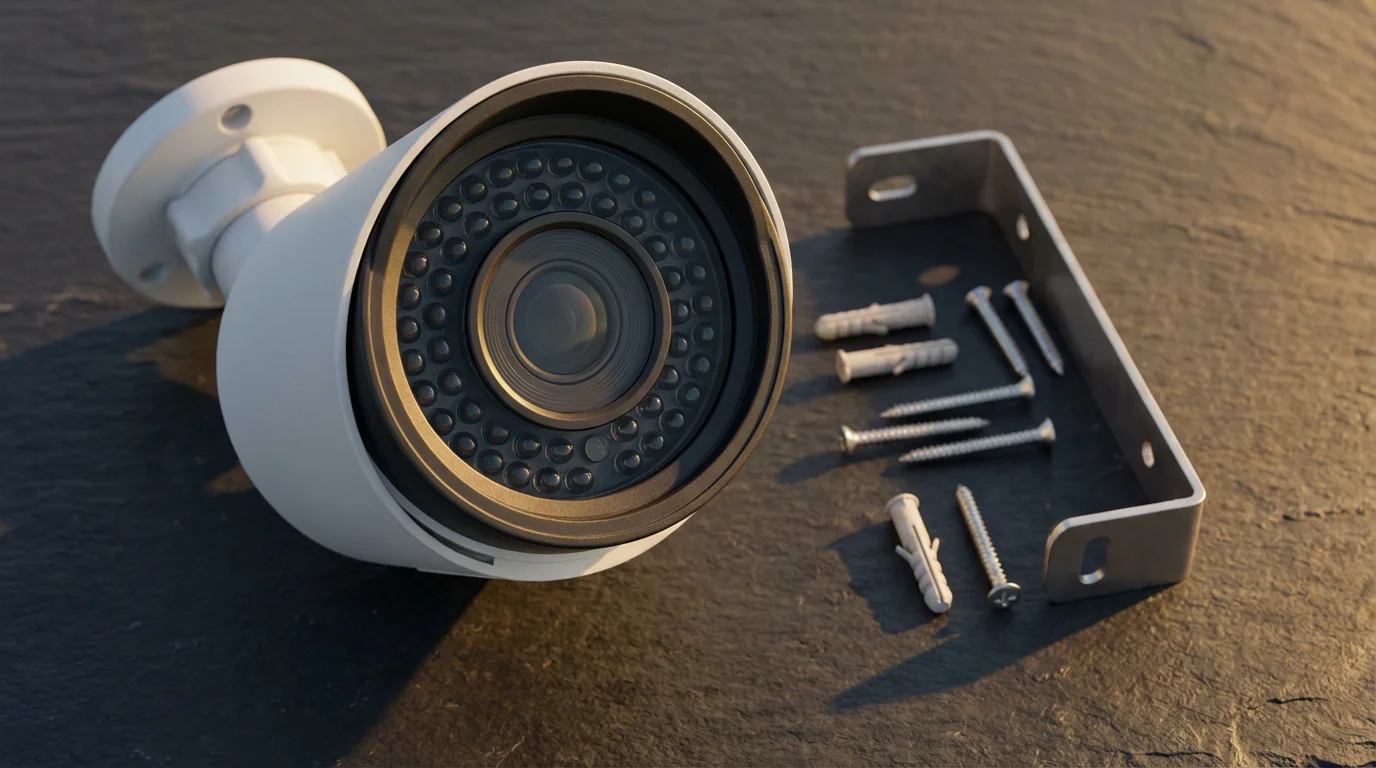 A flat lay of a white traditional infrared night vision security camera.