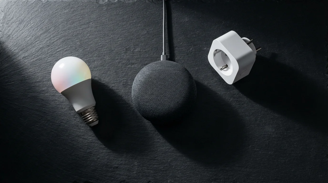 A flat lay of essential smart home devices: a speaker, plug, and lightbulb.