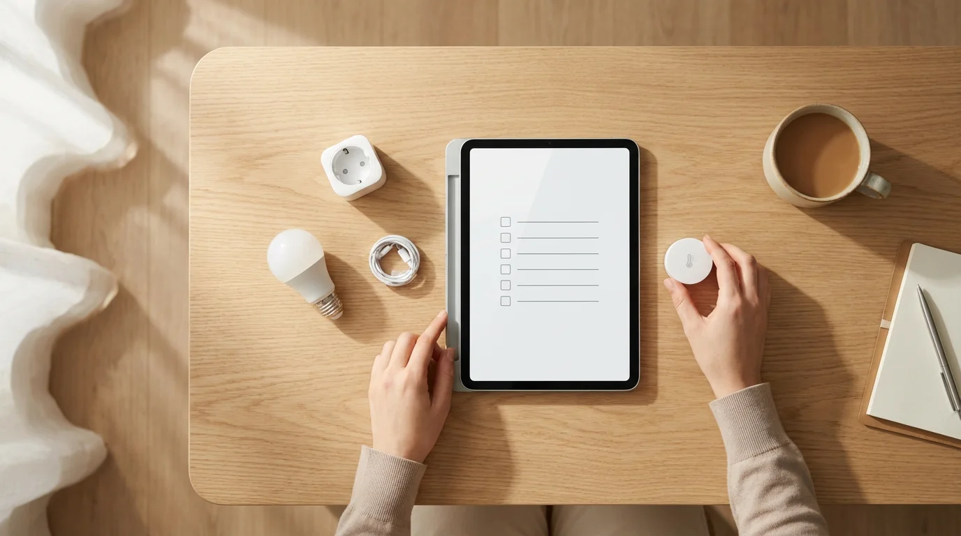A flat lay of hands organizing smart home devices and a tablet with a checklist.