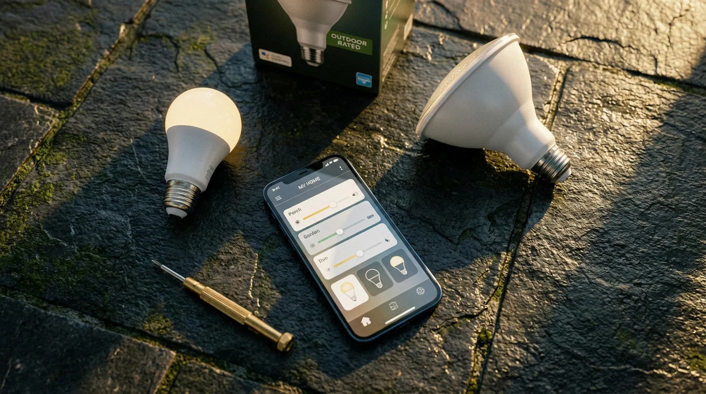 A flat lay of smart bulbs, a smartphone, and a screwdriver on a slate porch.