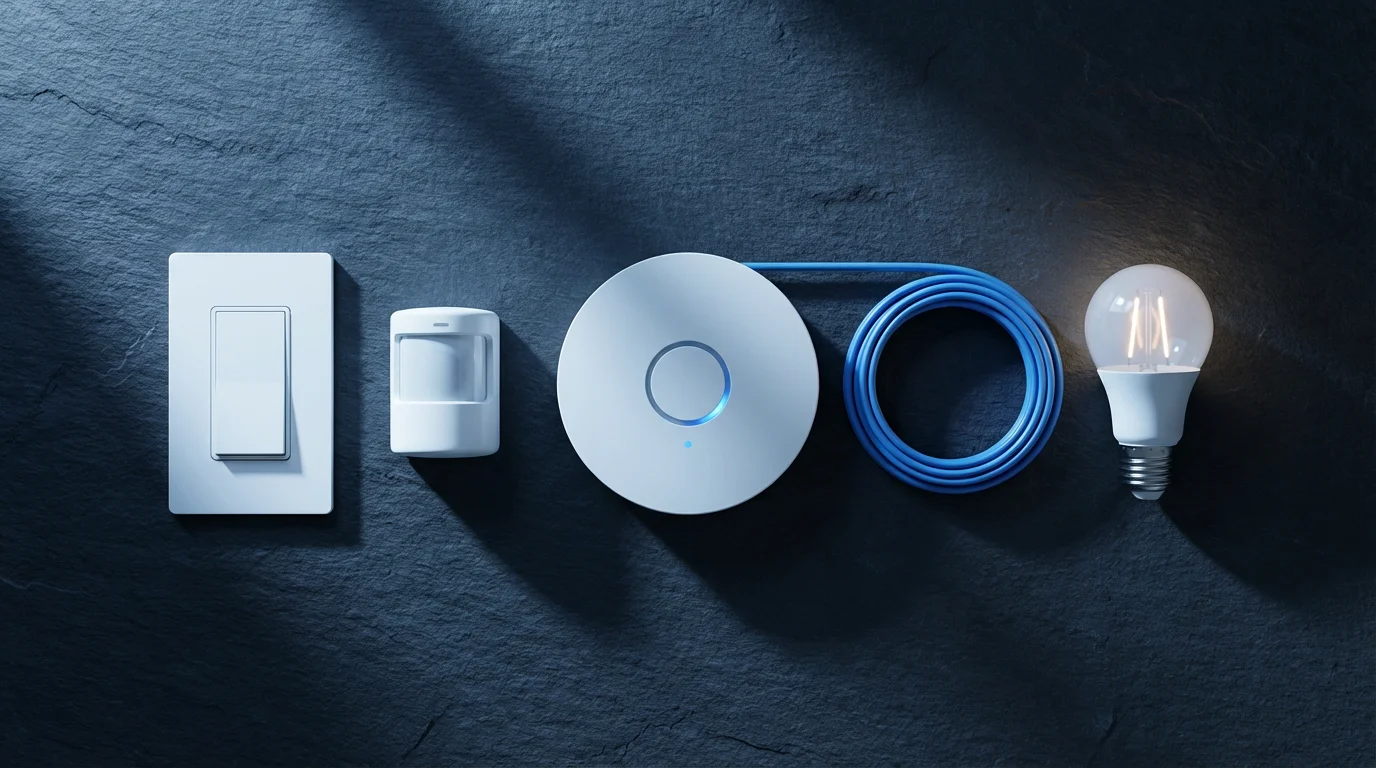 A flat lay of smart home automation components on a dark slate background.