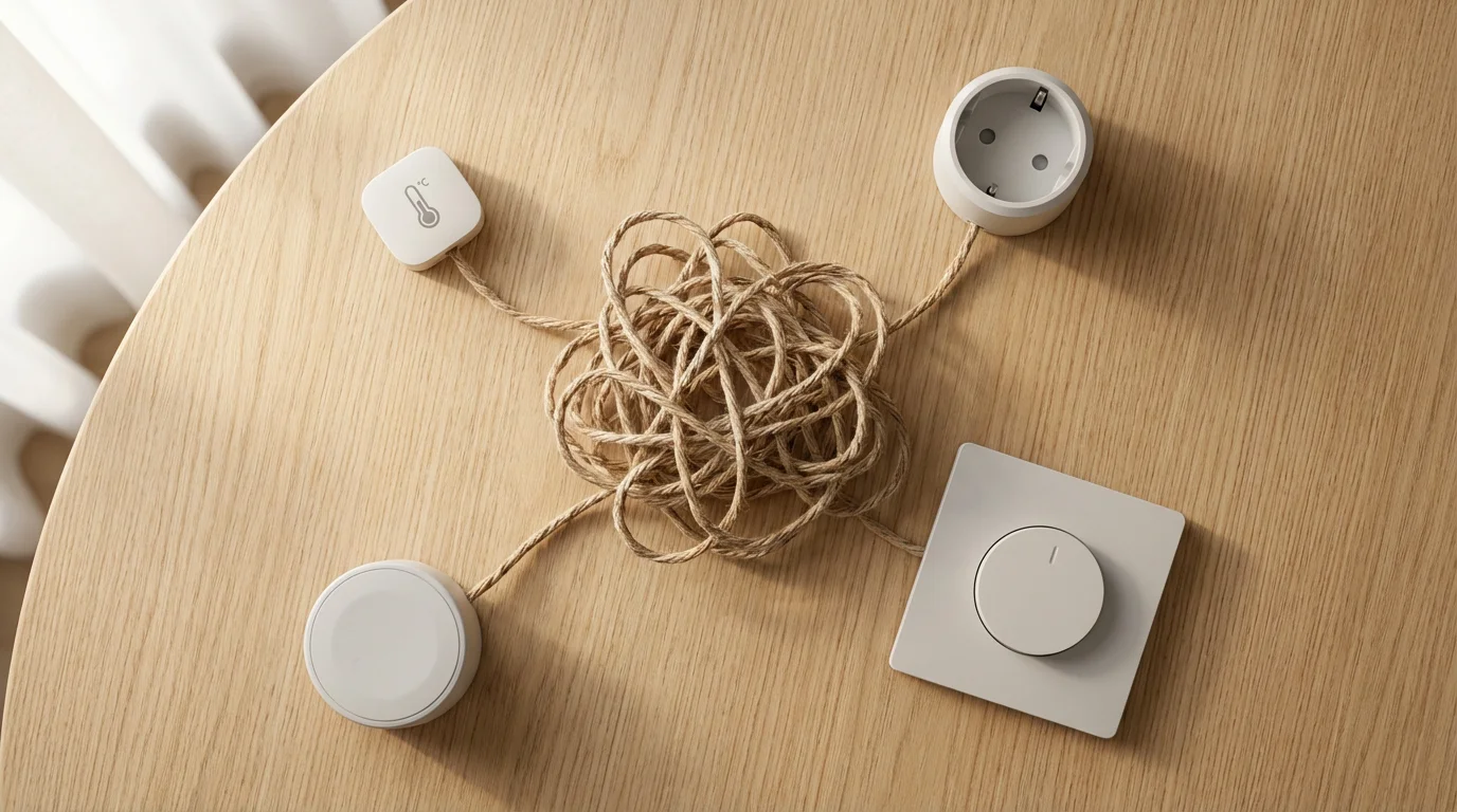 A flat lay of smart home devices connected by a hopelessly tangled, knotted string.