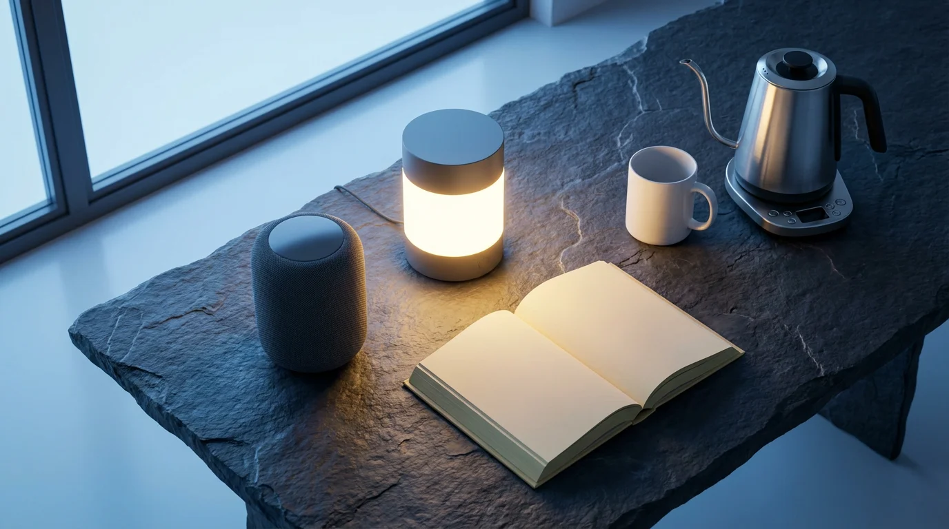 A flat lay of smart home devices for evening and morning routines during blue hour.