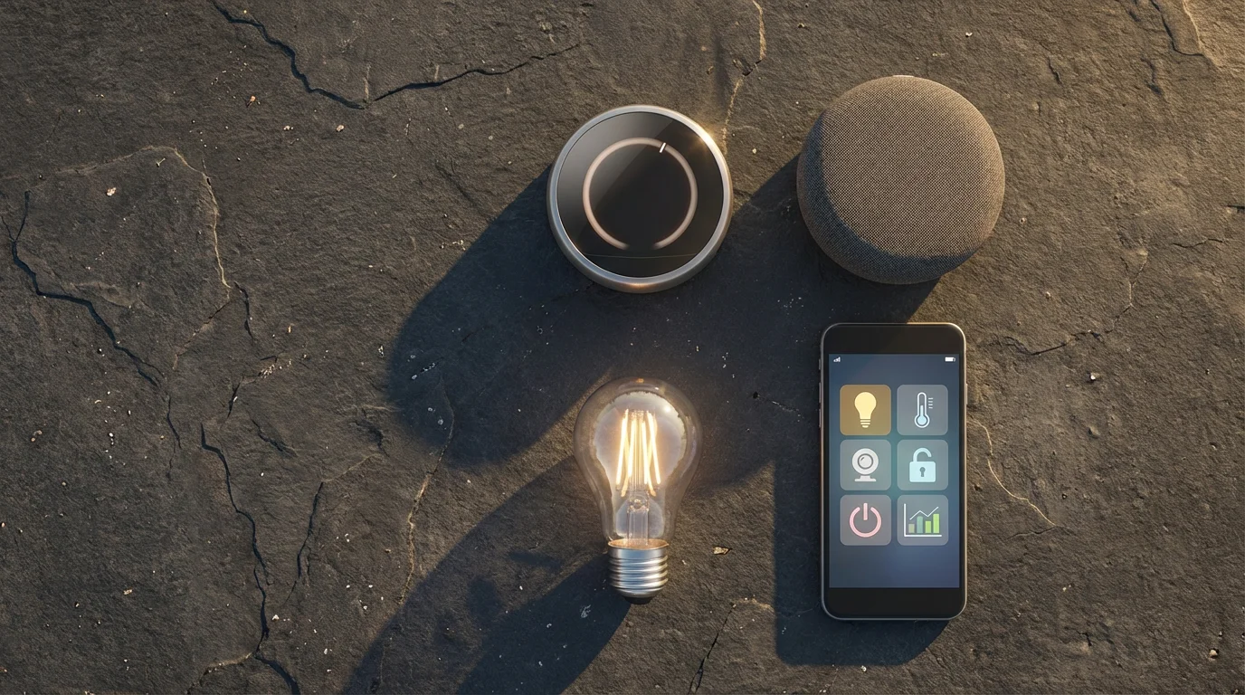 A flat lay of smart home devices including a thermostat and smartphone, with long shadows.