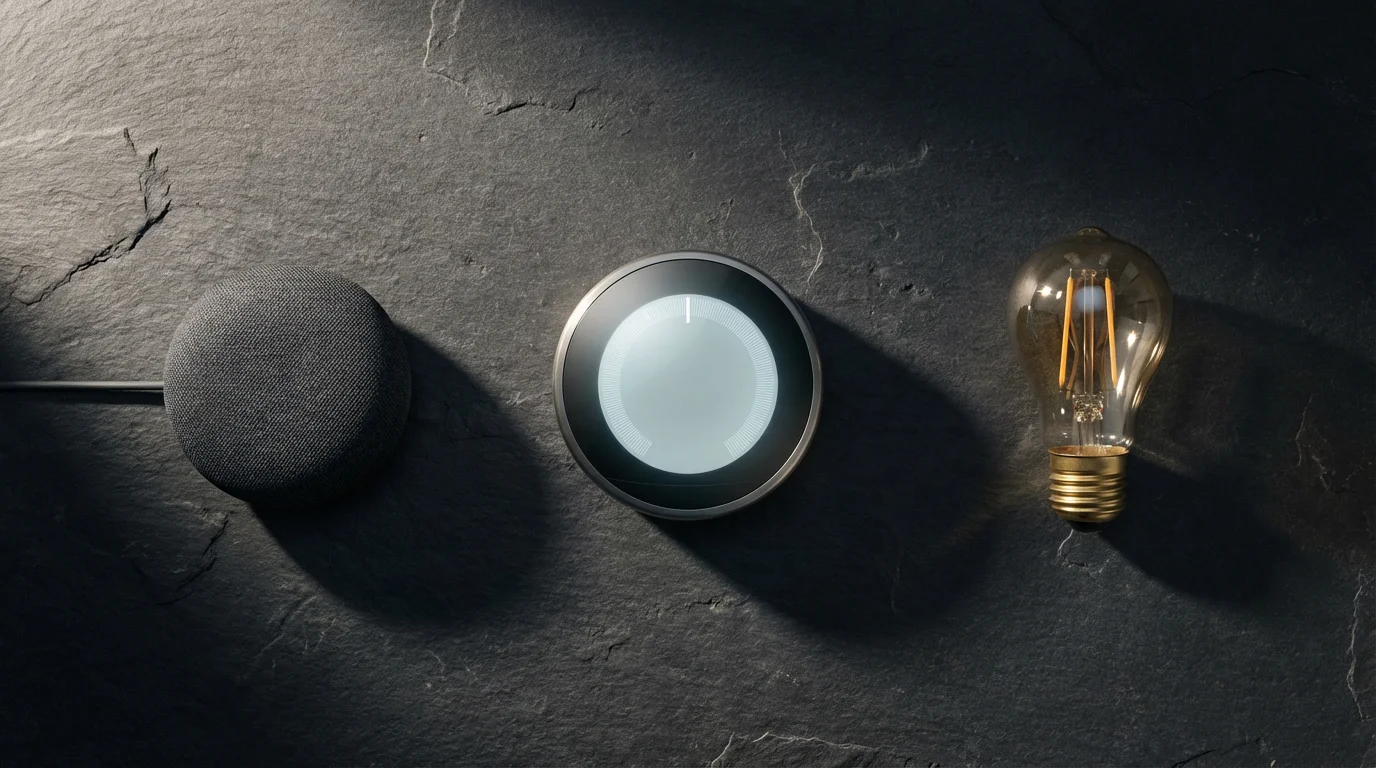 A flat lay of smart home devices including a thermostat, speaker, and lightbulb.