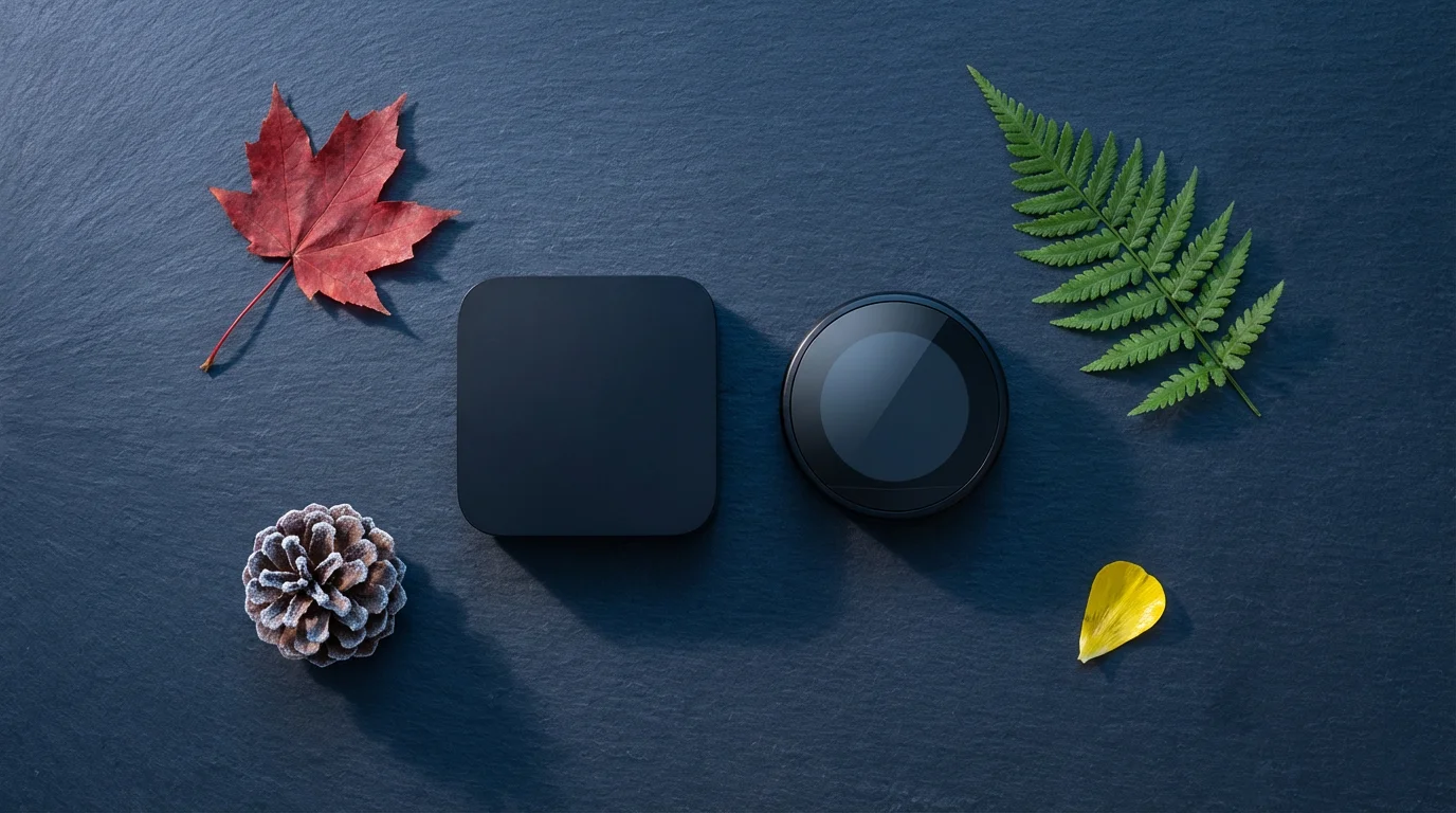A flat lay of smart home devices surrounded by items representing the four seasons.
