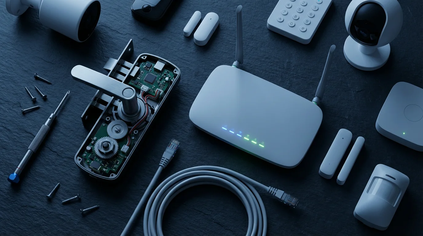 A flat lay of smart home security devices, including a router and a disassembled lock.