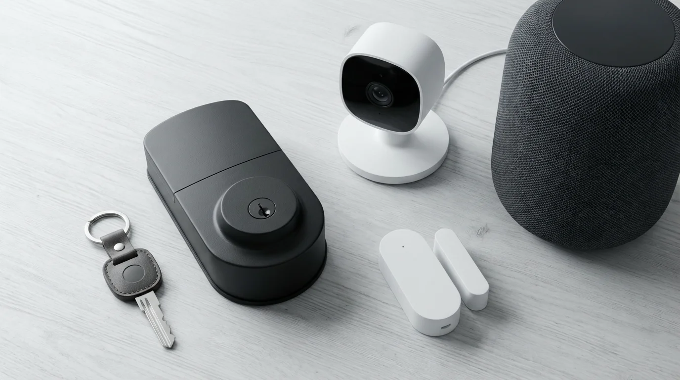 A flat lay of smart home security devices like a lock and camera.