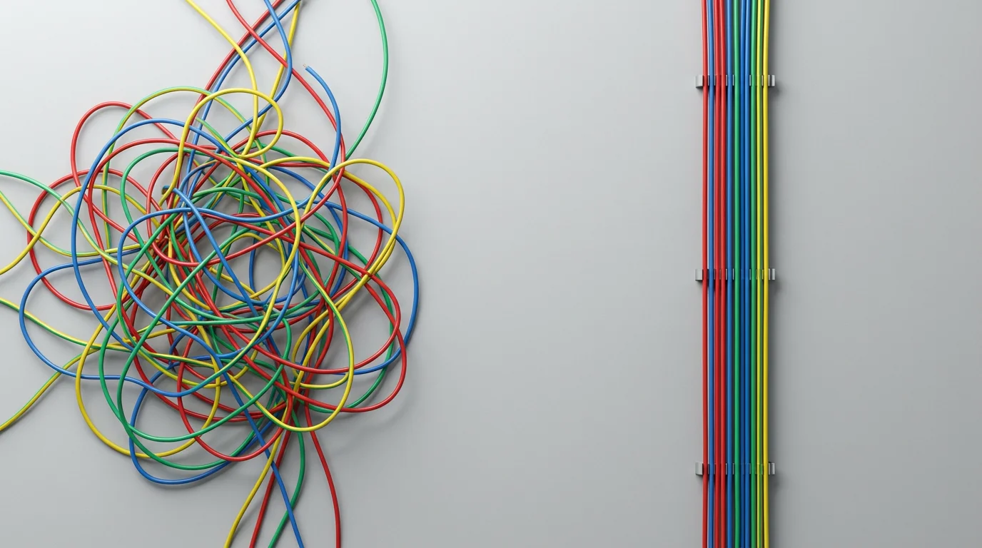 A flat lay of tangled, chaotic wires on one side and perfectly organized parallel wires on the other.