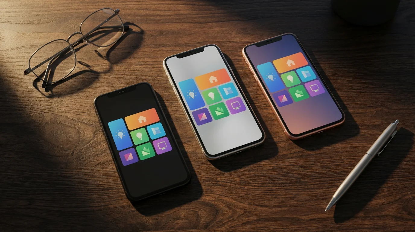 A flat lay of three different smartphones on a wooden table with long afternoon shadows.