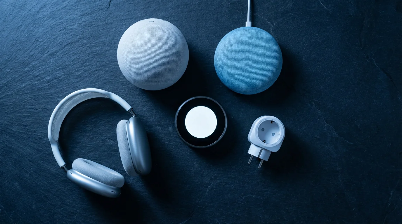 A flat lay of two different smart speakers and smart home gadgets on a slate surface.