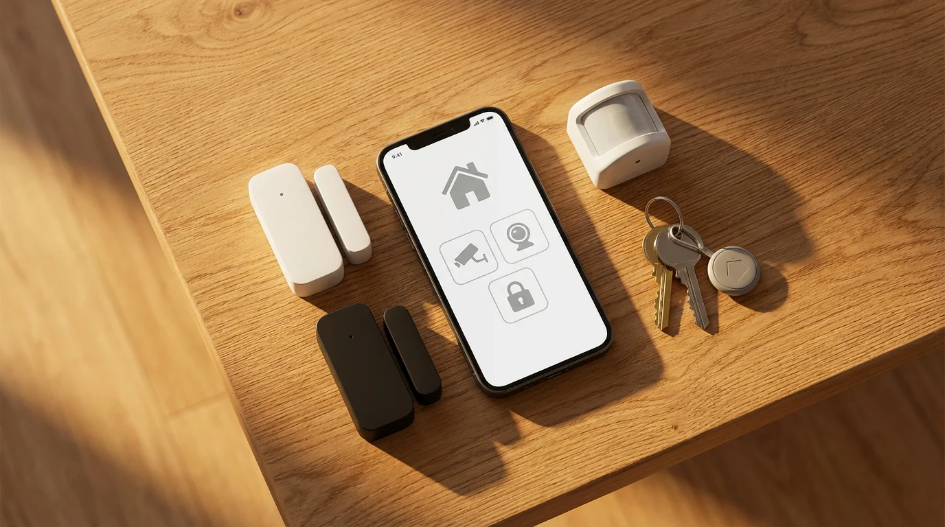 A flat lay of various smart window and door sensors on a wooden table.