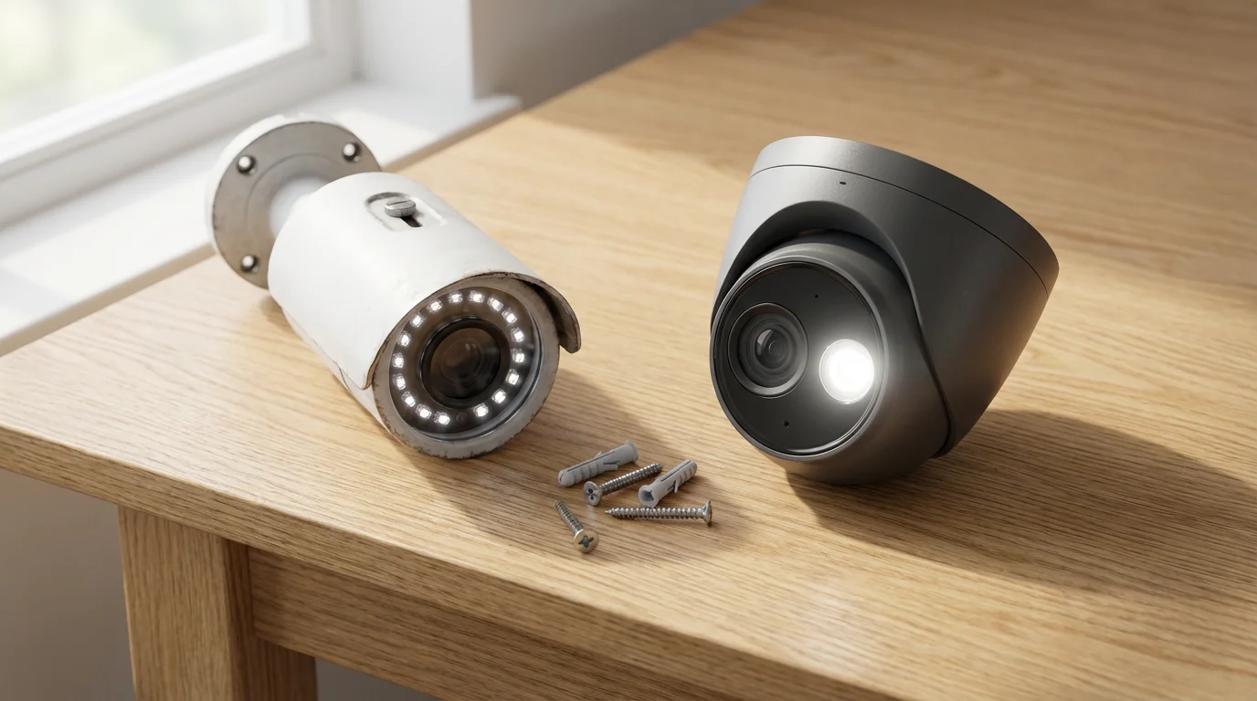 A flat lay photo comparing a traditional night vision camera and a color night vision camera.