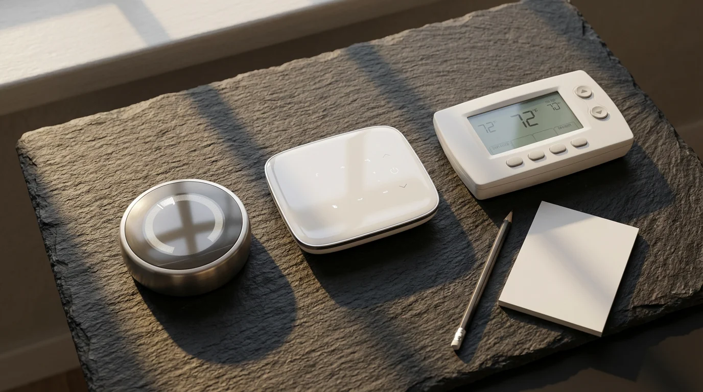 A flat lay photo of three different smart thermostats on a dark slate surface.