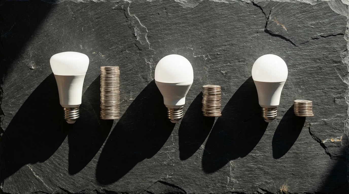 A flat lay photo showing three smart bulbs next to different sized stacks of coins.