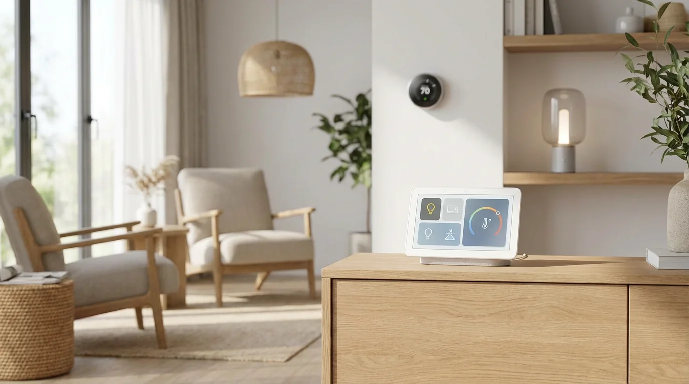 A Google Nest Hub smart display on a console table in a sunlit living room.