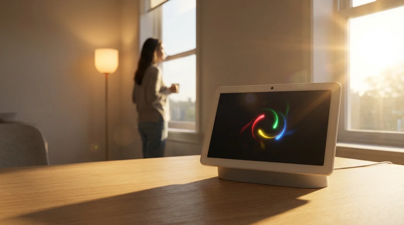 A Google Nest Hub smart display on a desk during golden hour in a modern home office.