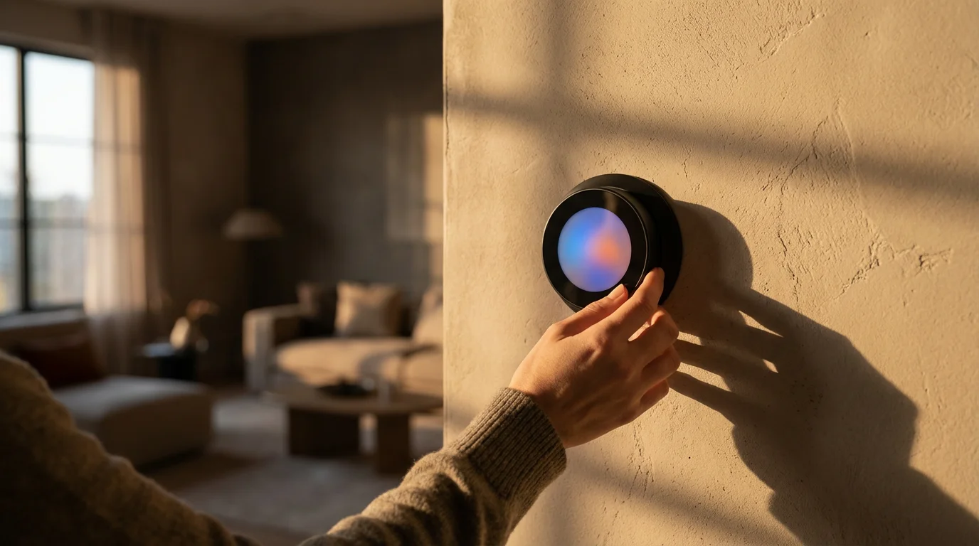 A hand adjusting a sleek smart thermostat on a wall in late afternoon light.