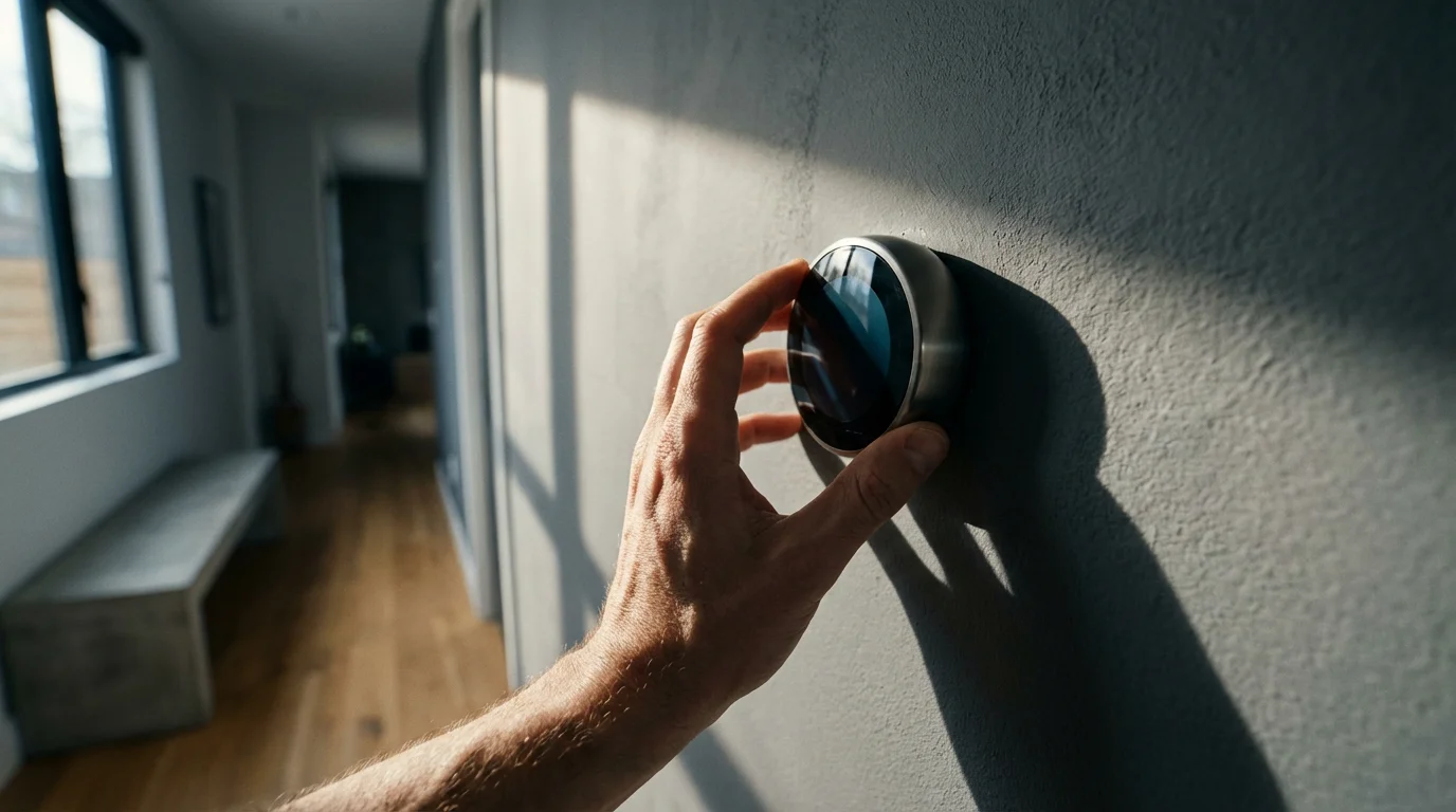 A hand adjusts a round smart thermostat on a wall in moody afternoon light.