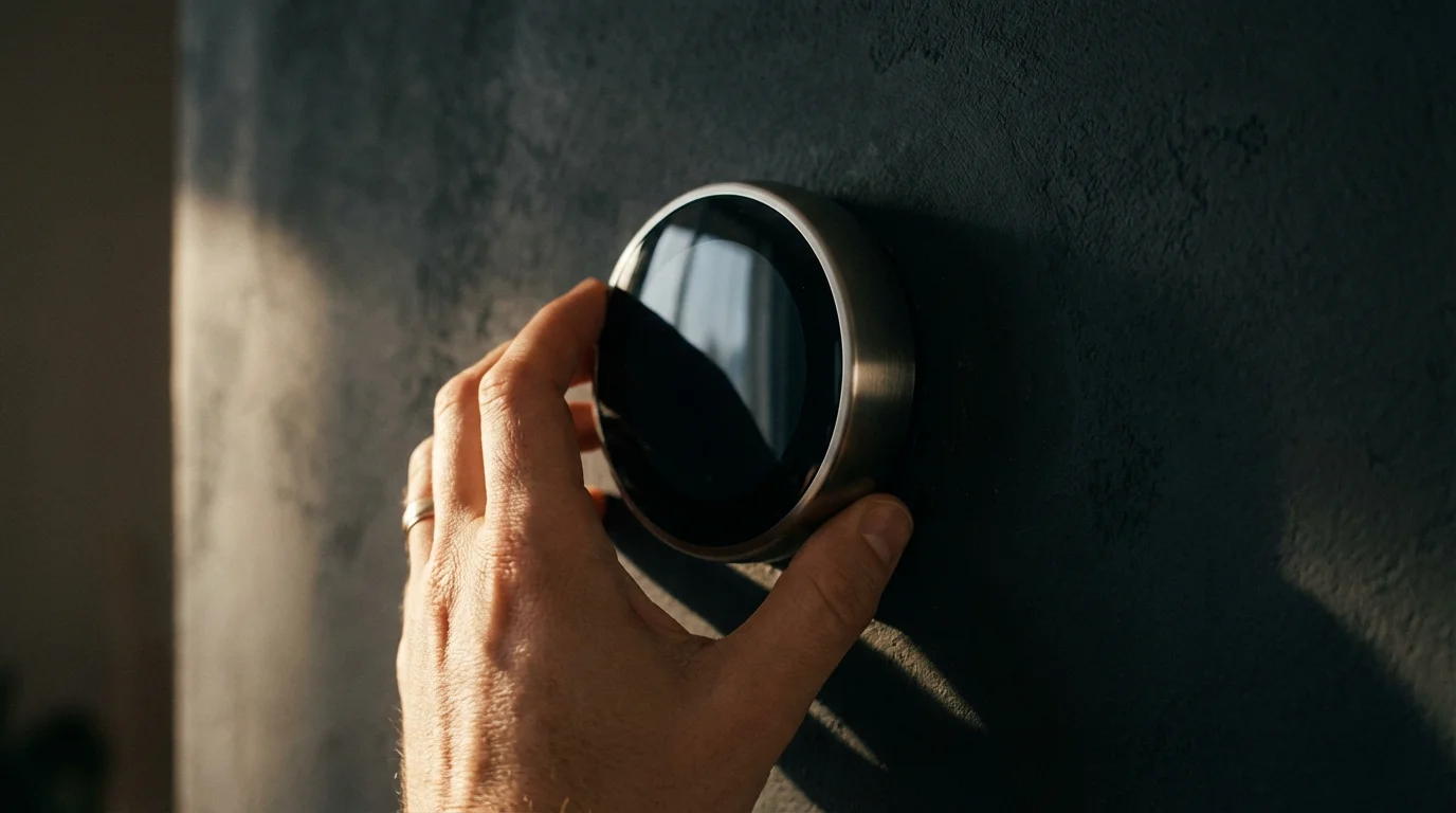 A hand adjusts a sleek smart thermostat on a wall in moody afternoon light.