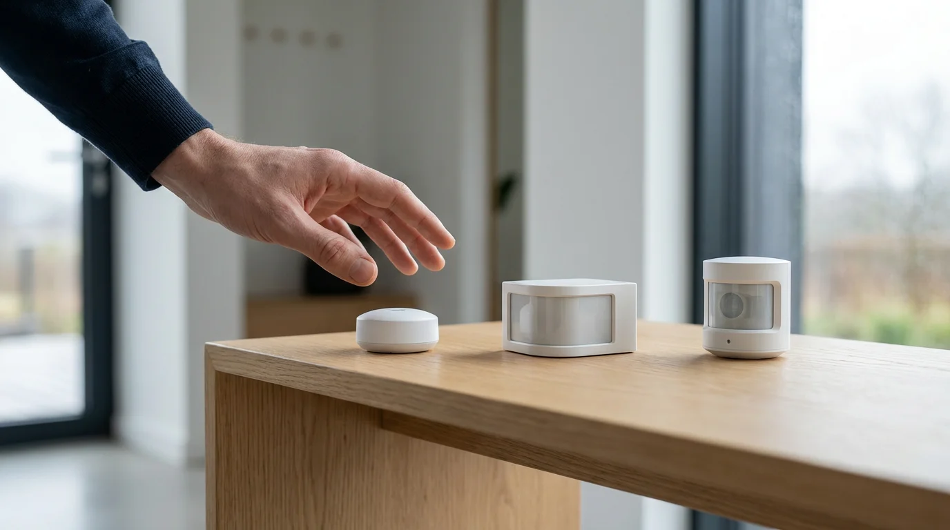 A hand hovers over a selection of different smart home motion sensors on a table.