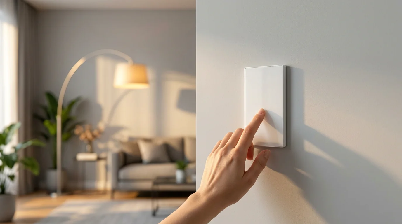 A hand using a modern white smart dimmer switch on a wall at sunset.