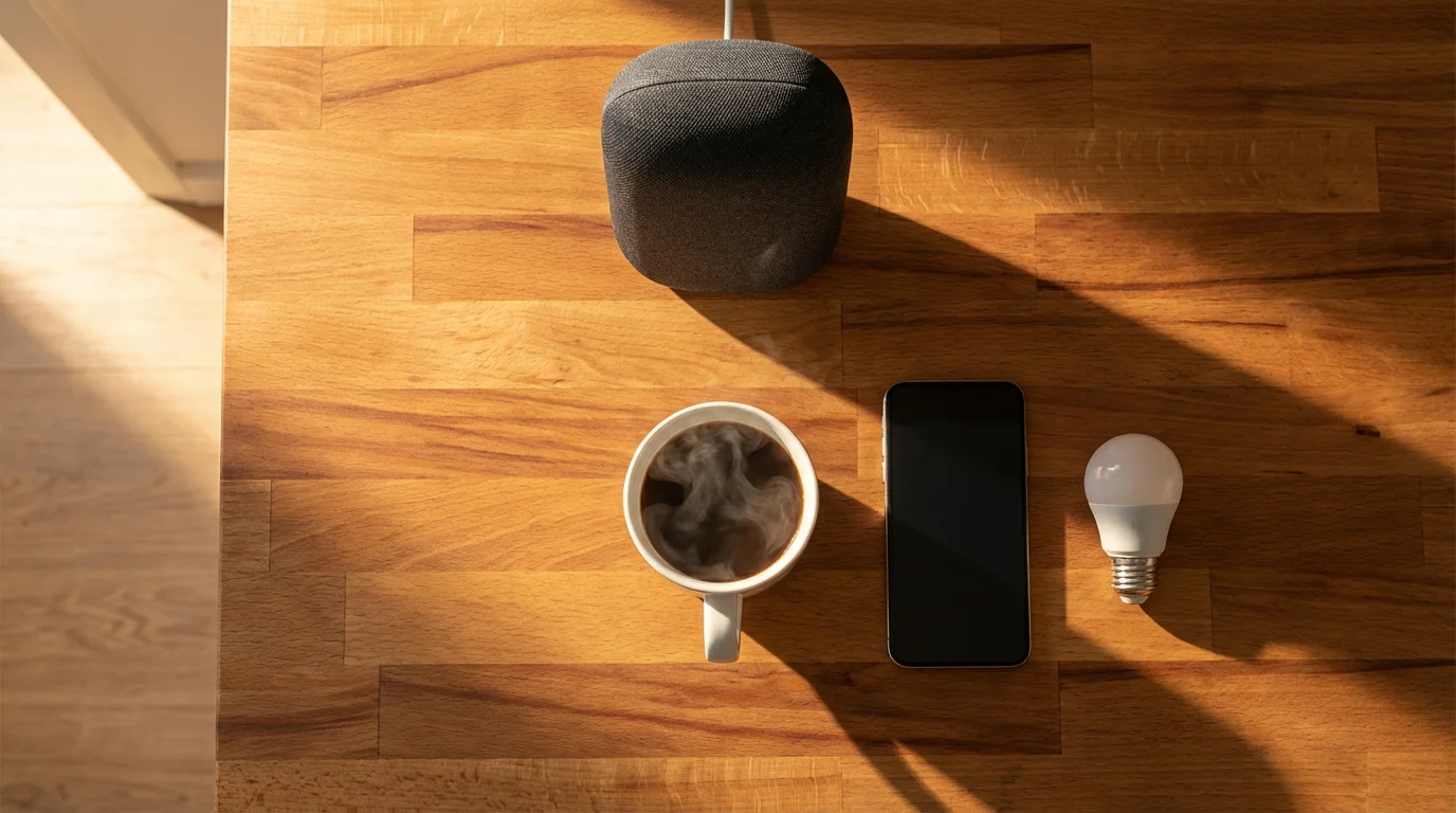 A high angle flat lay of a smart speaker, a steaming coffee mug, and a smart bulb during golden hour.