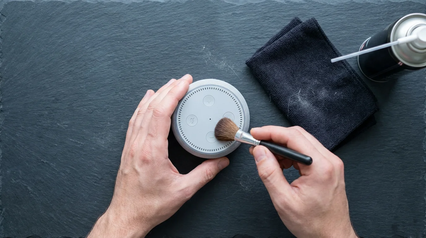 A high-angle flat lay of hands carefully cleaning a smart speaker's microphones with a brush.
