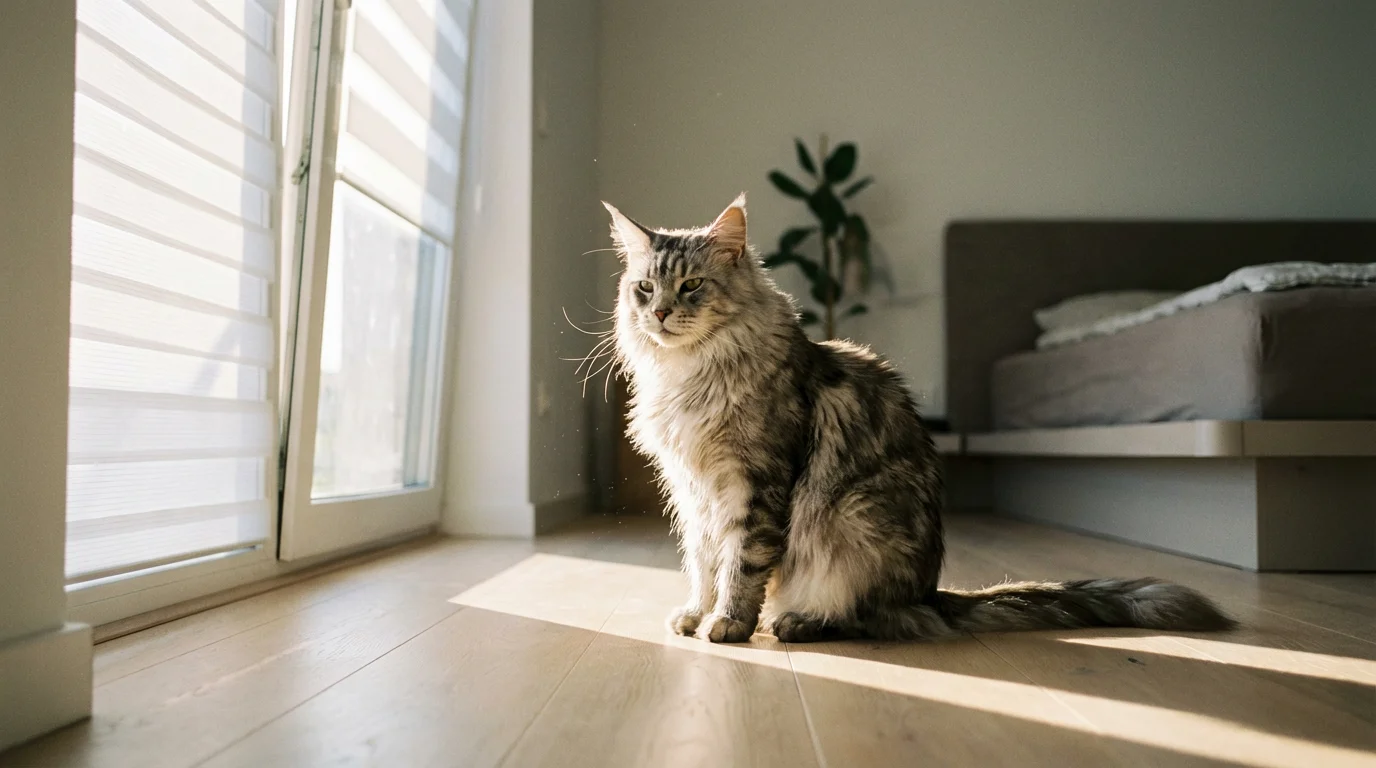 A long-haired cat sits in a sunbeam from a window with automated smart blinds opening.