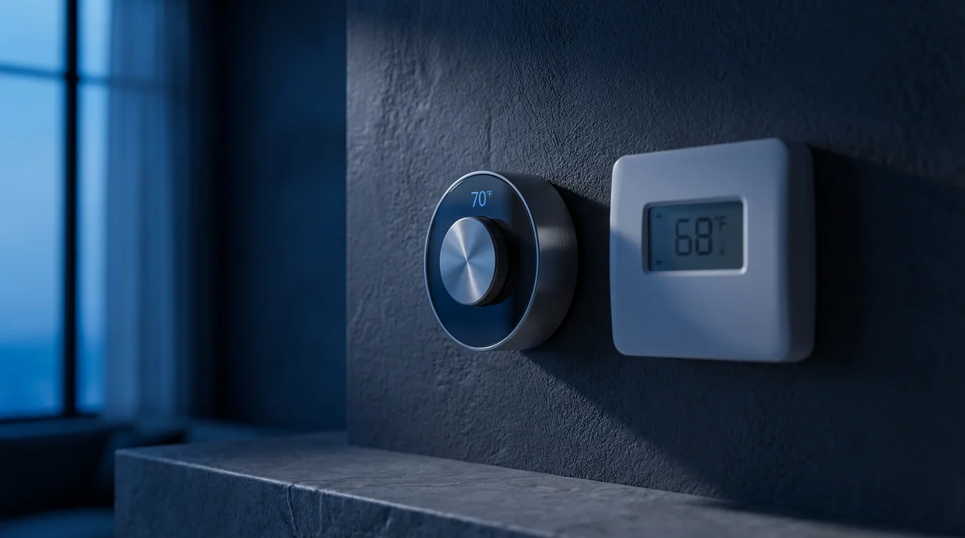 A low-angle photo of a premium and a value smart thermostat side-by-side.