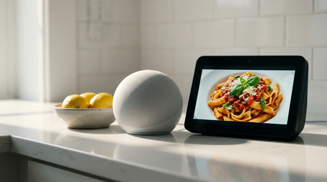 A low angle photo of a smart speaker and smart display on a kitchen counter.