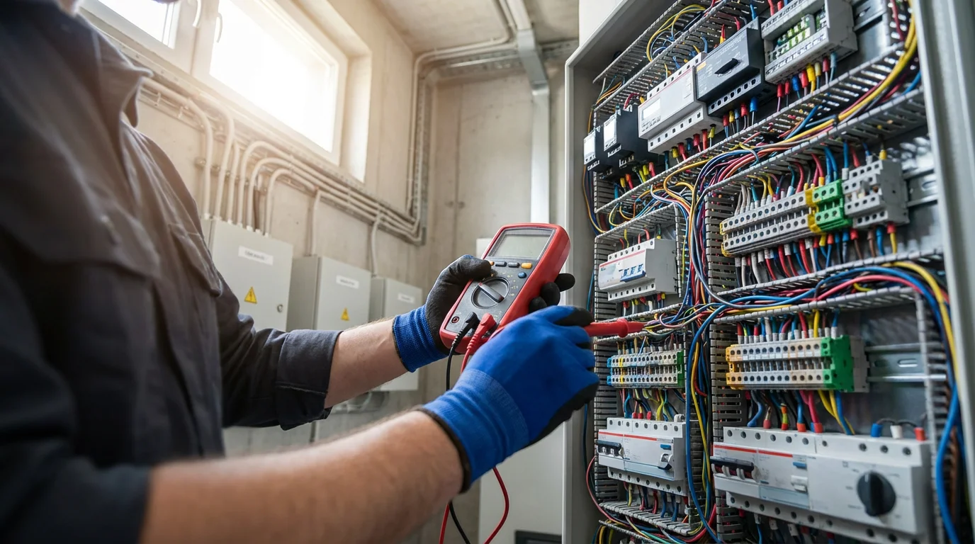 A low angle photo of a technician's hands working on a modern HVAC control board.