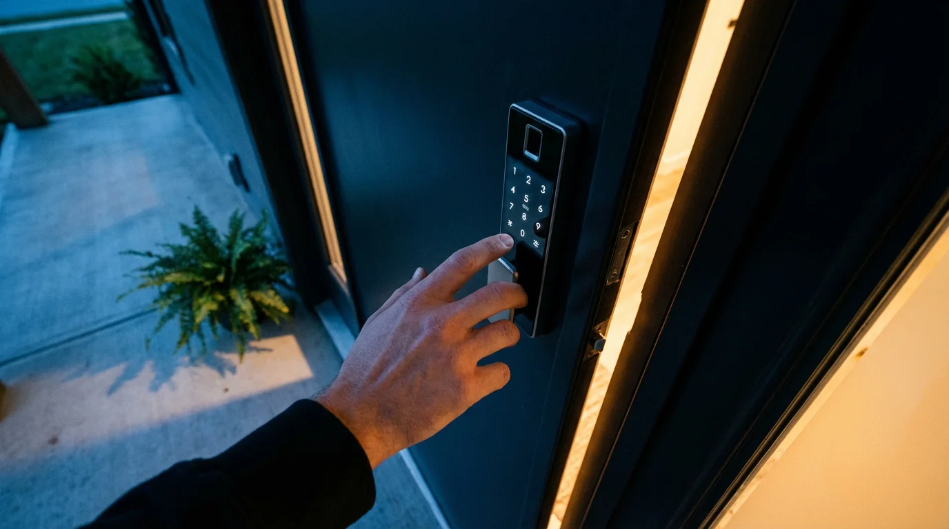 A low angle photograph of a hand reaching for a modern smart lock at dusk.