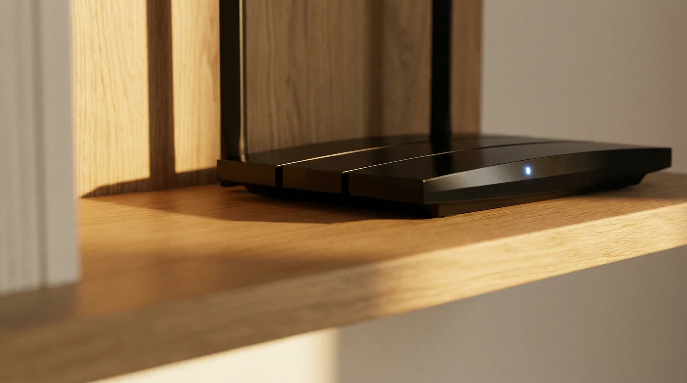A low angle photograph of a modern Wi-Fi router on a wooden shelf during golden hour.