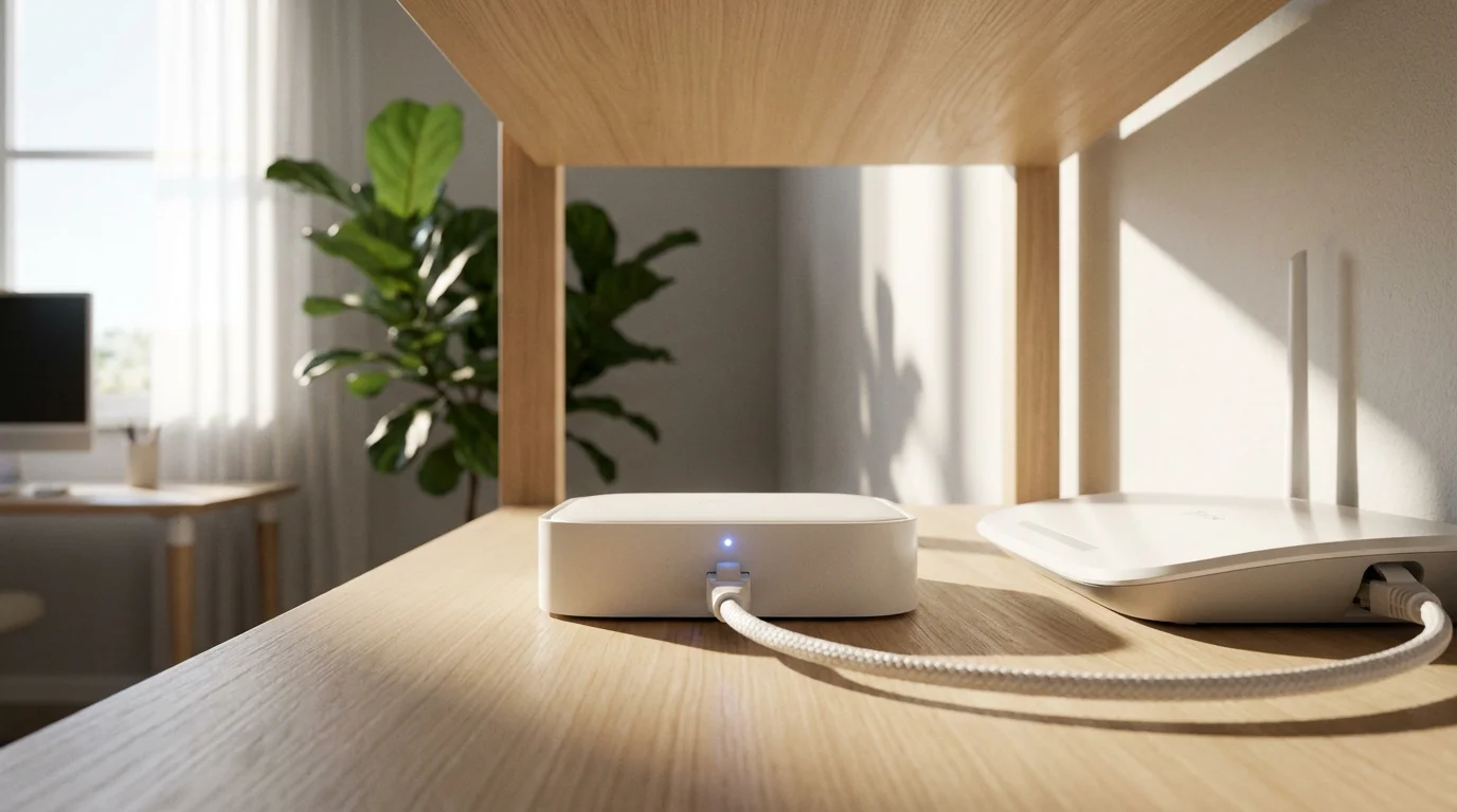 A low angle photograph of a smart home hub and Wi-Fi router connected together on a shelf.
