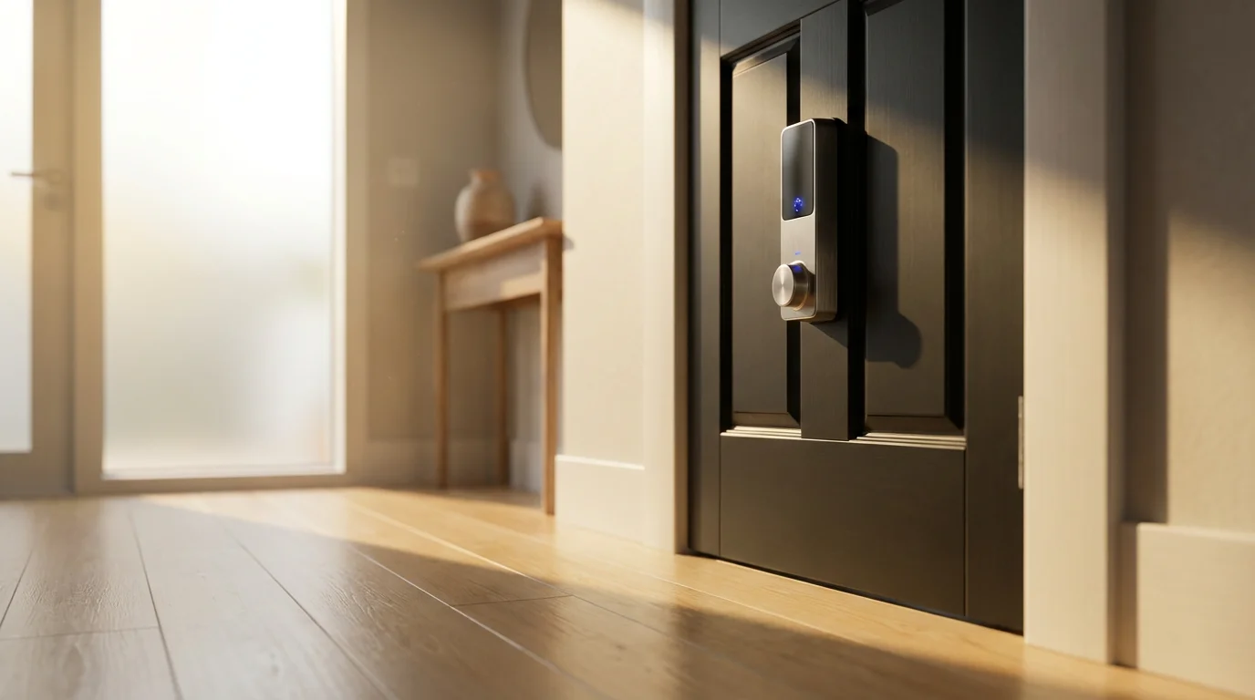 A low angle photograph of a smart lock on a modern front door.