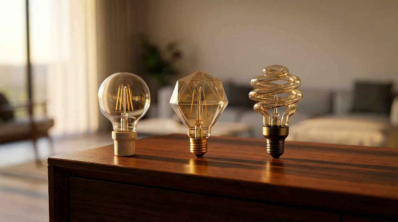 A low angle photograph of three different smart light bulbs on a wood table.