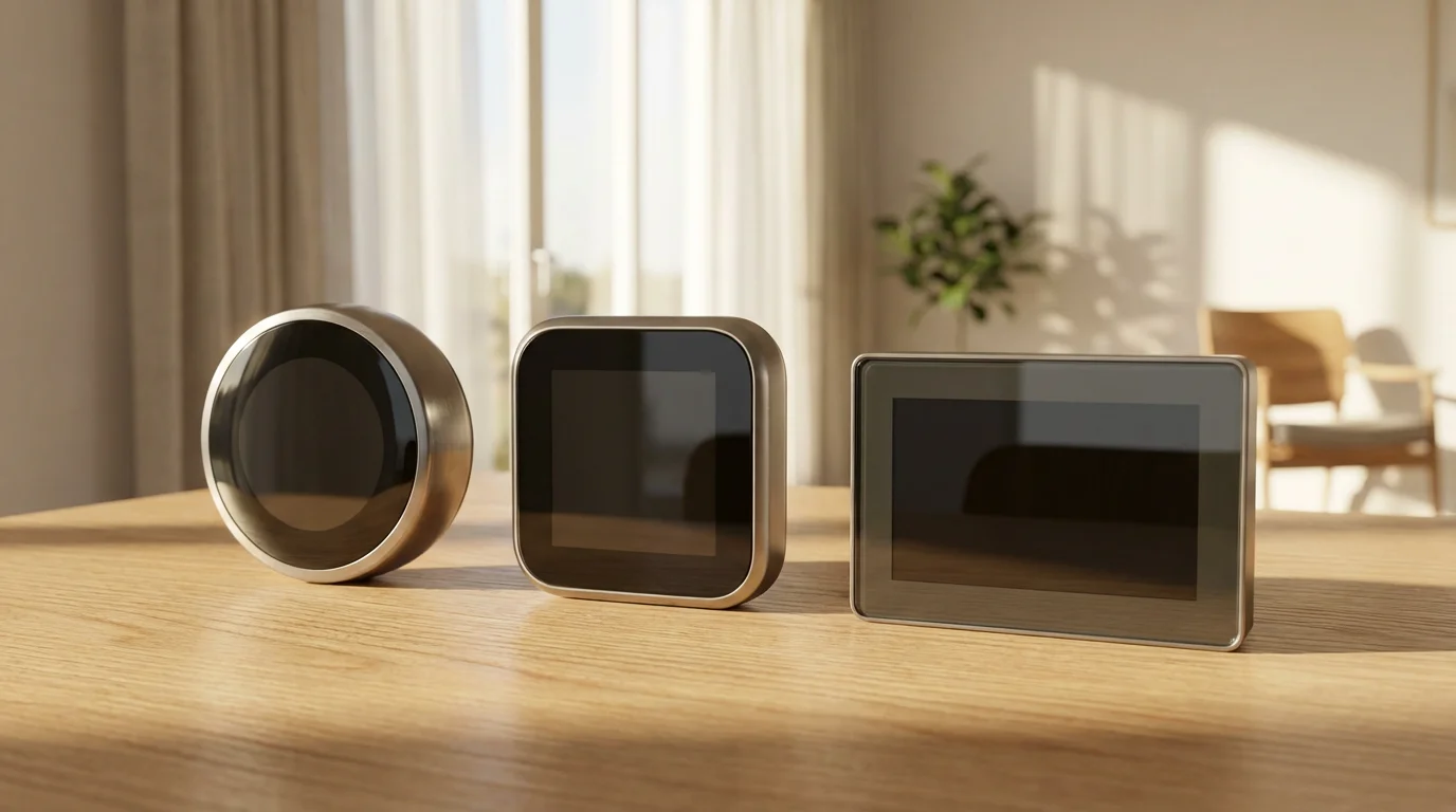 A low angle photograph of three different modern smart thermostats on a wooden surface.