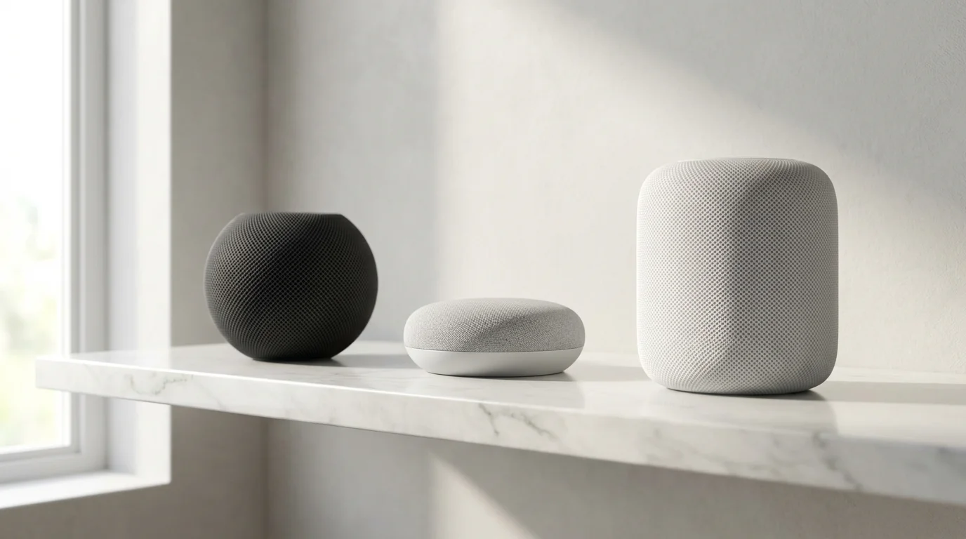 A low angle photograph of three different smart home speakers on a marble shelf.