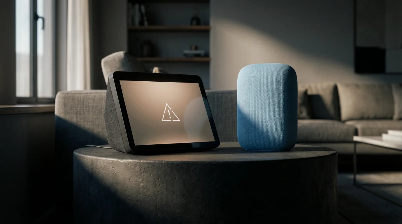 A low angle photograph of two different smart speakers on a concrete table.