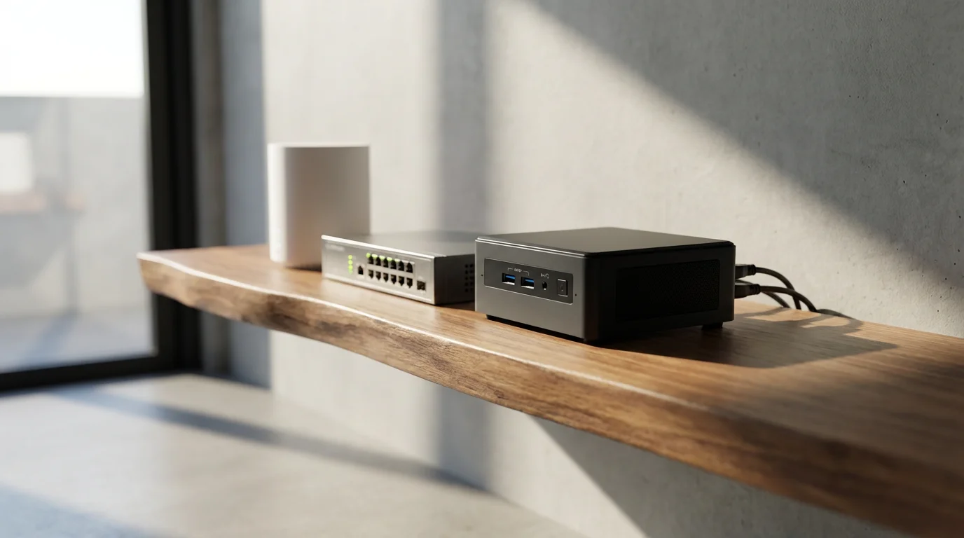 A low angle photorealistic shot of a mini-PC and smart home hardware on a shelf.